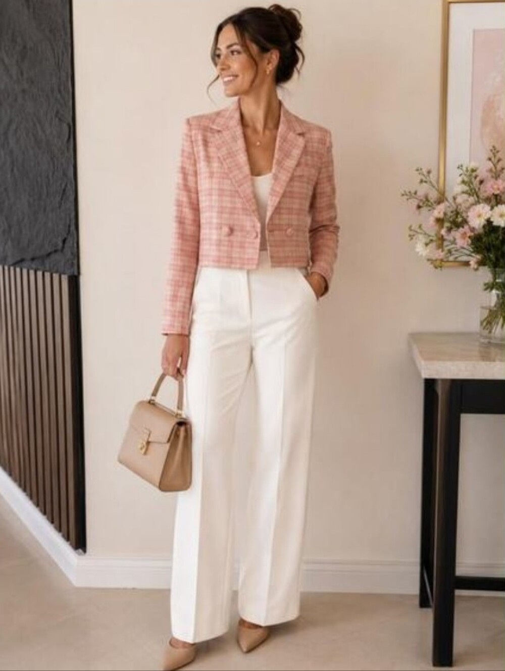 Avec Les Filles Pink Plaid Cropped Blazer Size Small